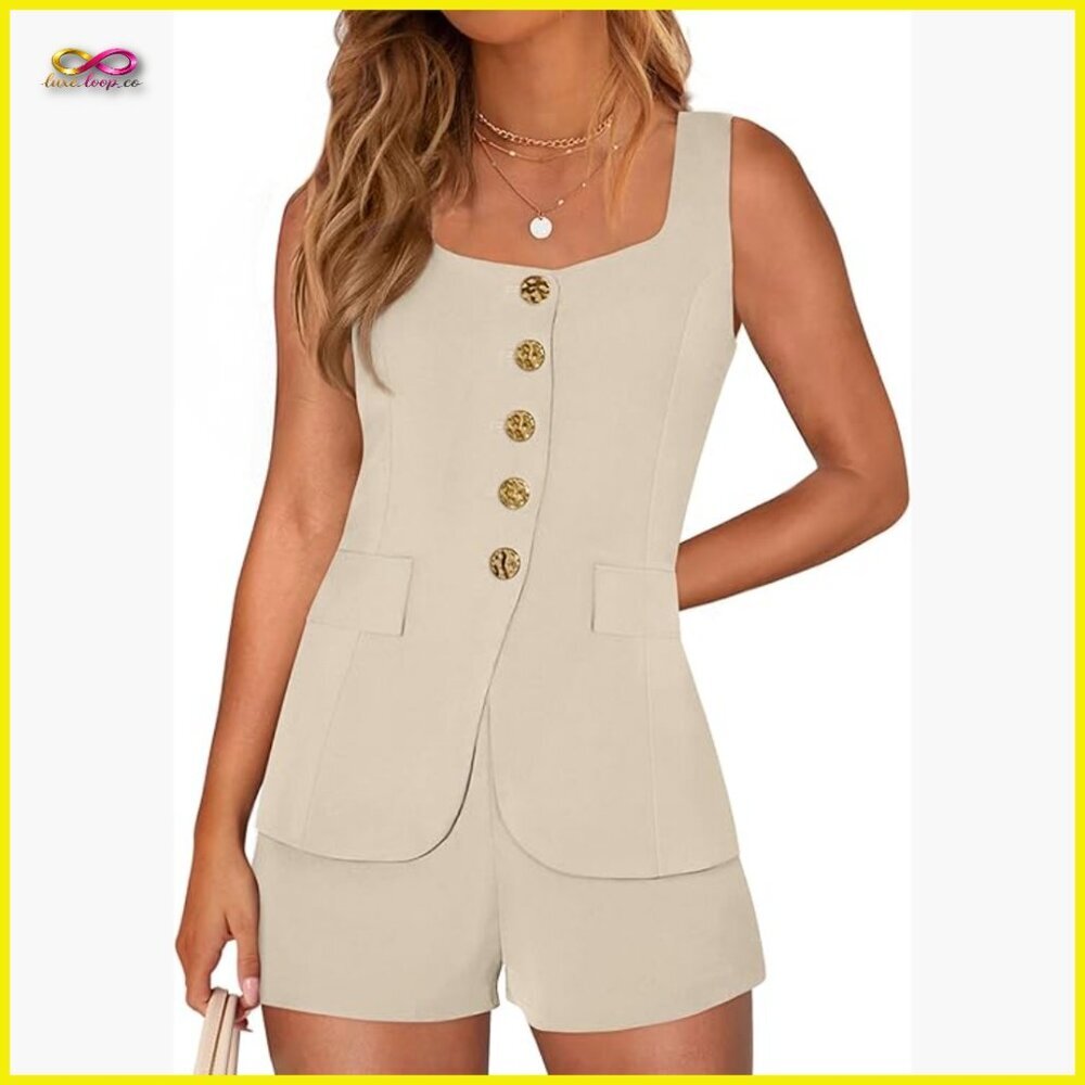 Sleeveless Vest and Shorts Set Business Casual Chic Lightweight Polyester
